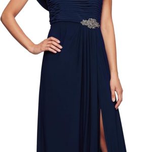 ALEX EVENINGS Womens Navy Embellished Short Sleeve Cowl Neck Maxi Evening Sheath Dress Petites 8P