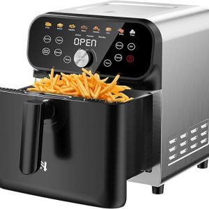 WHUTO Air Fryer, Air Fryer, 6.2QT Air Fryer Oven with LED Digital Touchscreen, 12 Preset Cooking Functions Air fryers, Bake, Reheat, Keep Warm, Nonstick and Dishwasher-Safe Basket, Stainless Steel/Black